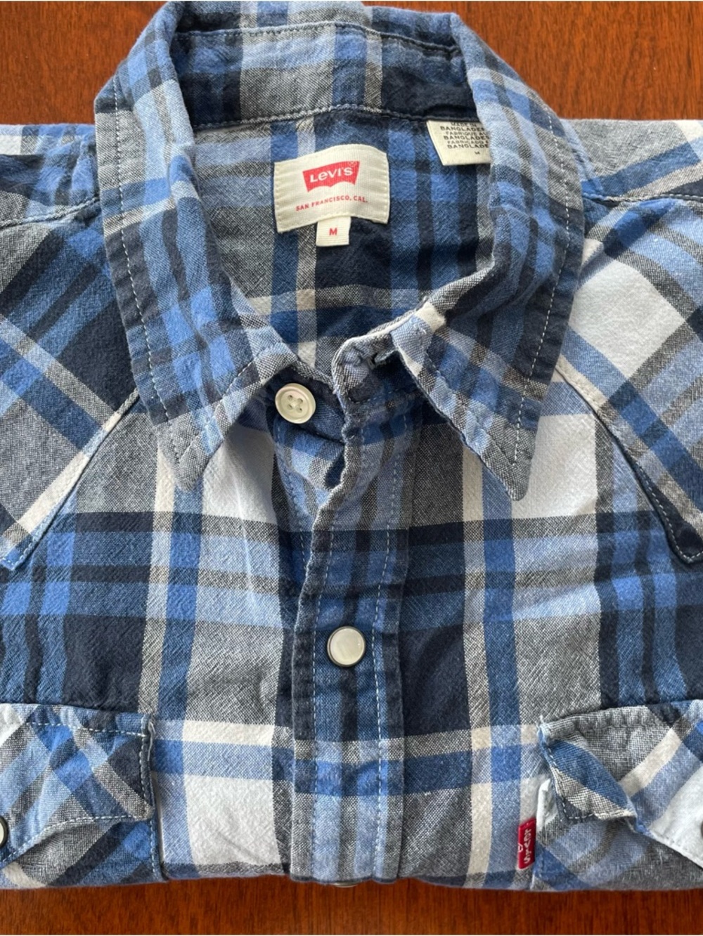 Levi's Blue and White Plaid Shirt with Red Logo Tag